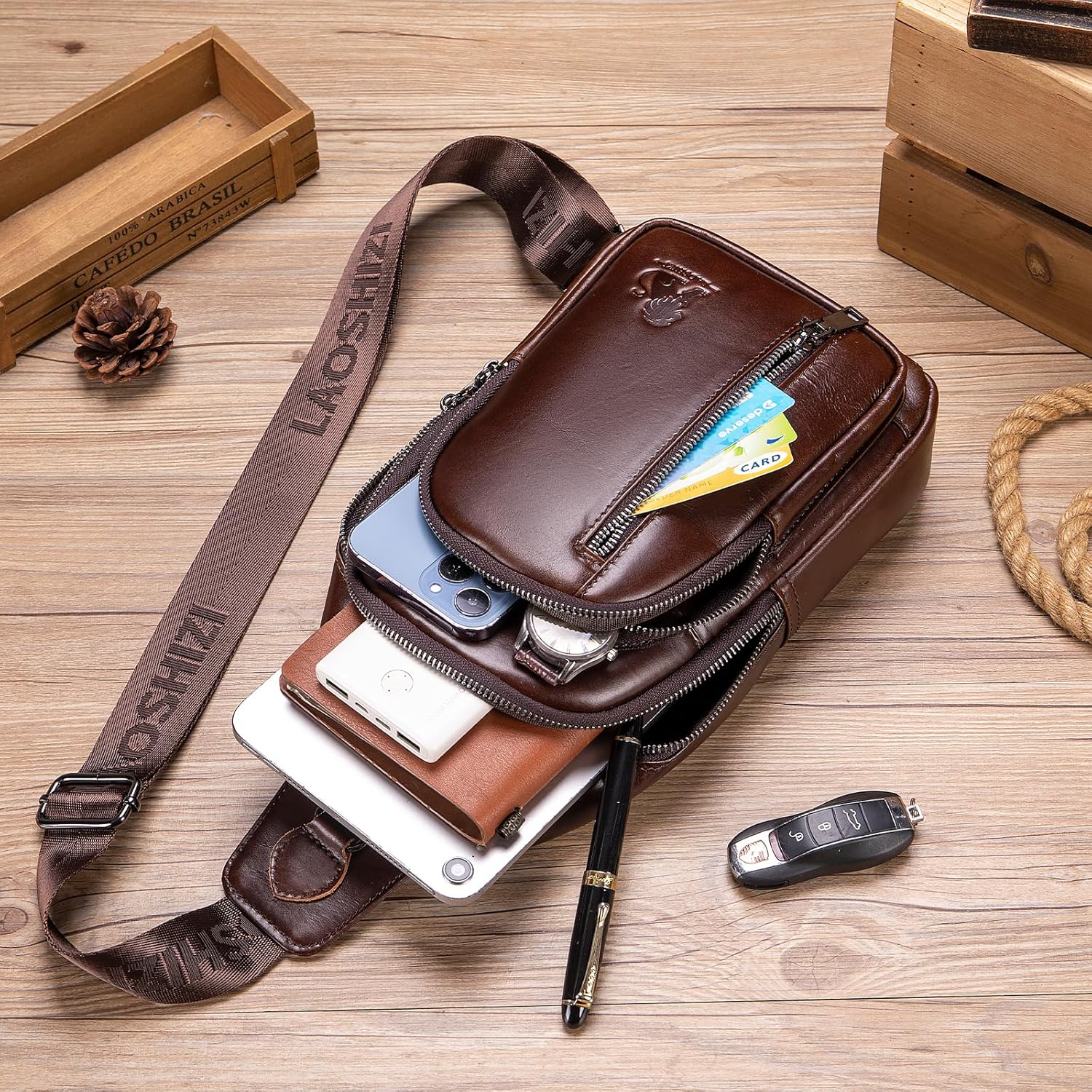 Pundarika Umhängetasche Herren Leder Brusttasche Herren Sling Bag,Männer Tasche Echtes Leder Crossbody Bag,Tasche Schultertasch Multifunktional,Verstellbarer Schultergurt