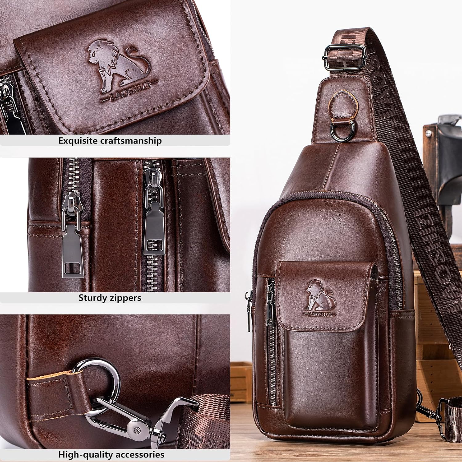 Pundarika Umhängetasche Herren Leder Brusttasche Herren Sling Bag,Männer Tasche Echtes Leder Crossbody Bag,Tasche Schultertasch Multifunktional,Verstellbarer Schultergurt