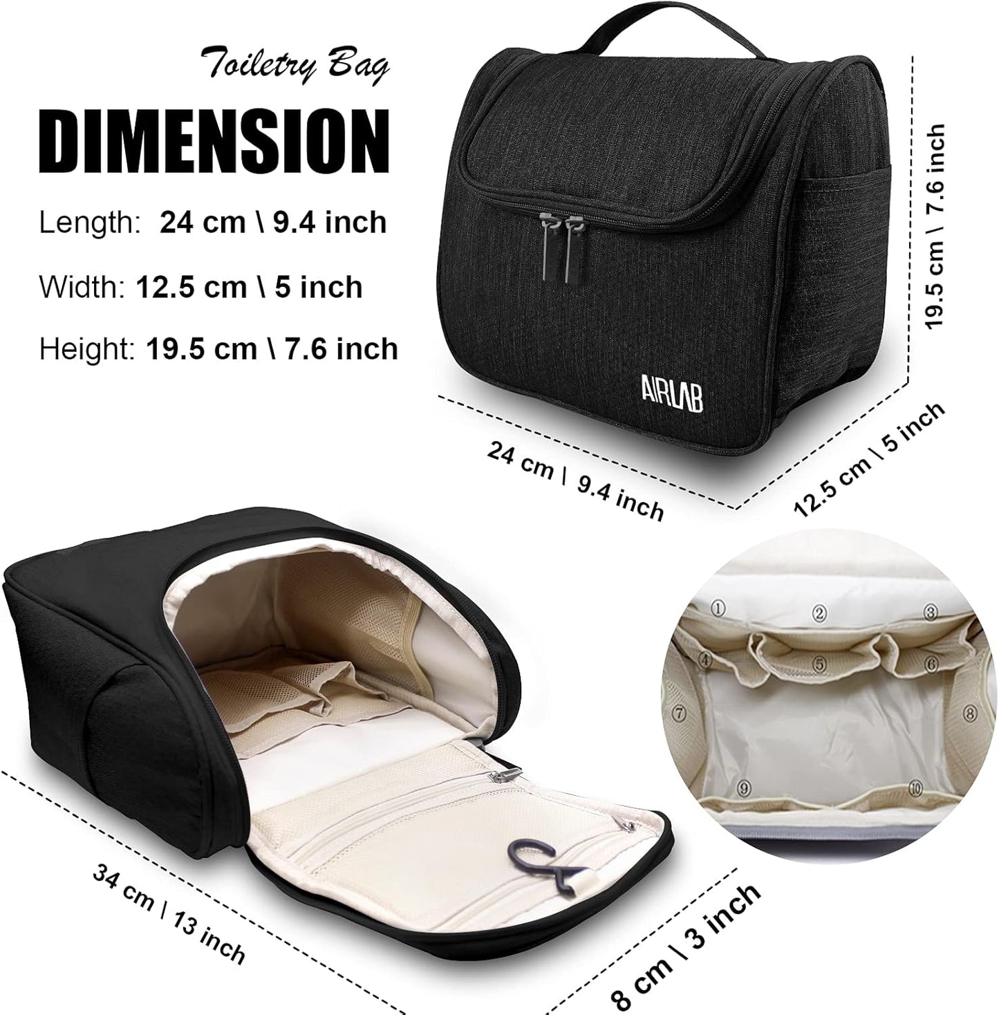 Kulturbeutel Zum Aufhängen, Airlab Kulturtasche Mit Tragegriff Und Haken, Größe: 24 X 19,5 X 12,5Cm, Schwarz