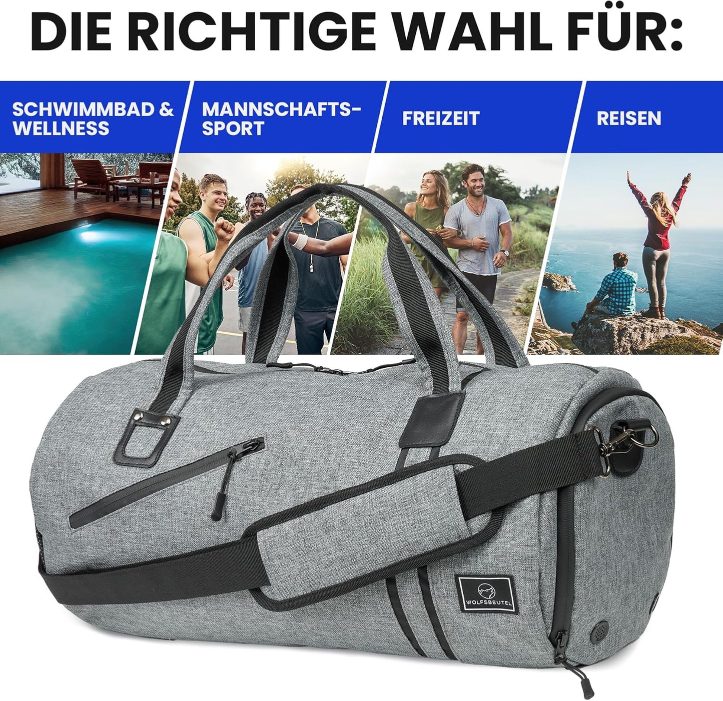 𝗪𝗢𝗟𝗙𝗦𝗕𝗘𝗨𝗧𝗘𝗟® 30L Sporttasche & Reisetasche Für Damen & Herren Mit Schuhfach & Nassfach | Wasserdicht/Wasserabweisend | Schultergurt Weekender Badetasche Schwimmtasche Gym Bag Duffle Bag
