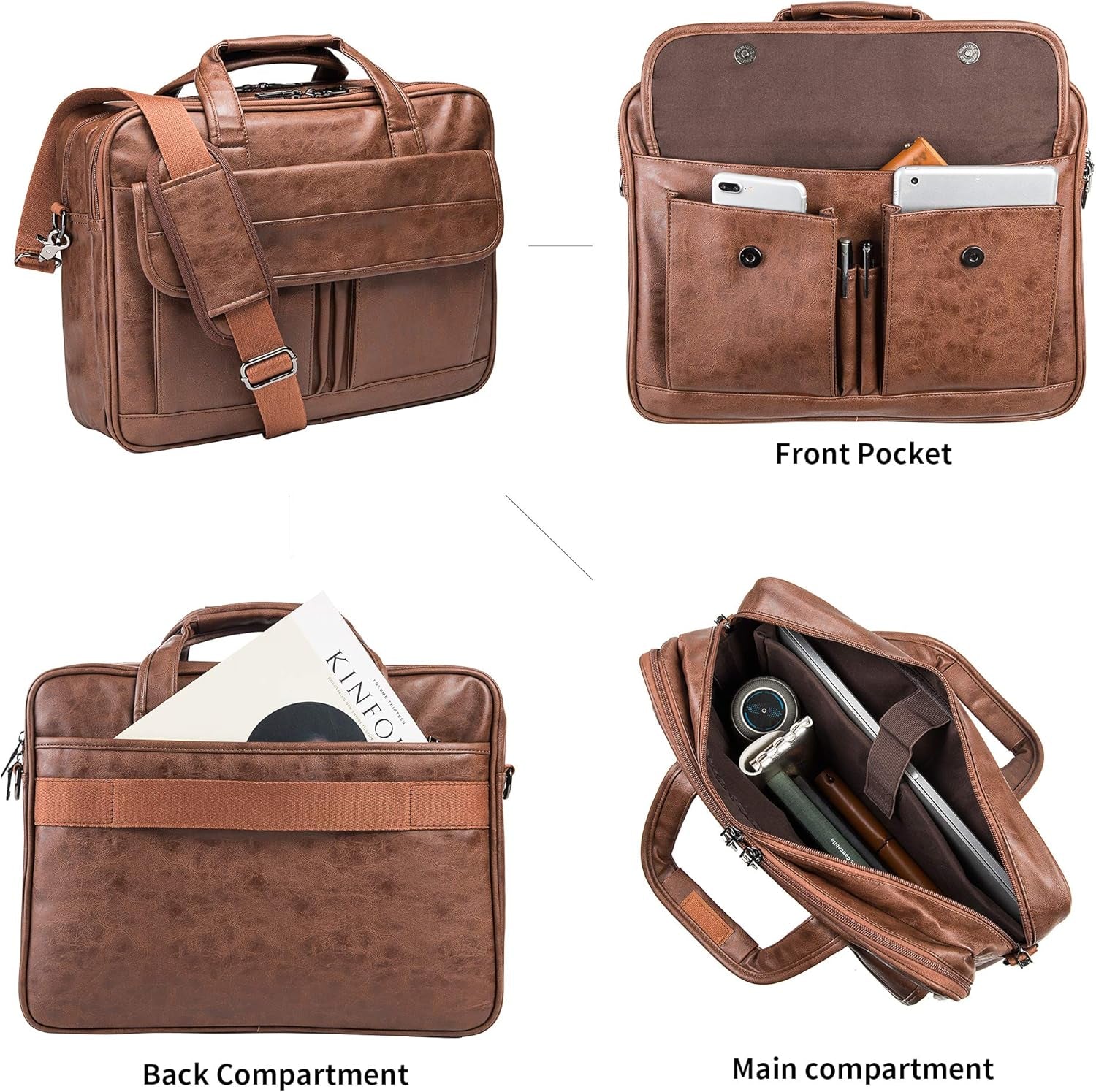 Herren Laptoptasche, 39,6 Cm (15,6 Zoll), Leder, Wasserabweisend, Für Geschäftsreisen, Aktentasche, Arbeit, Computertasche, Schulranzen, Geschenk Für Ehemann, Braun
